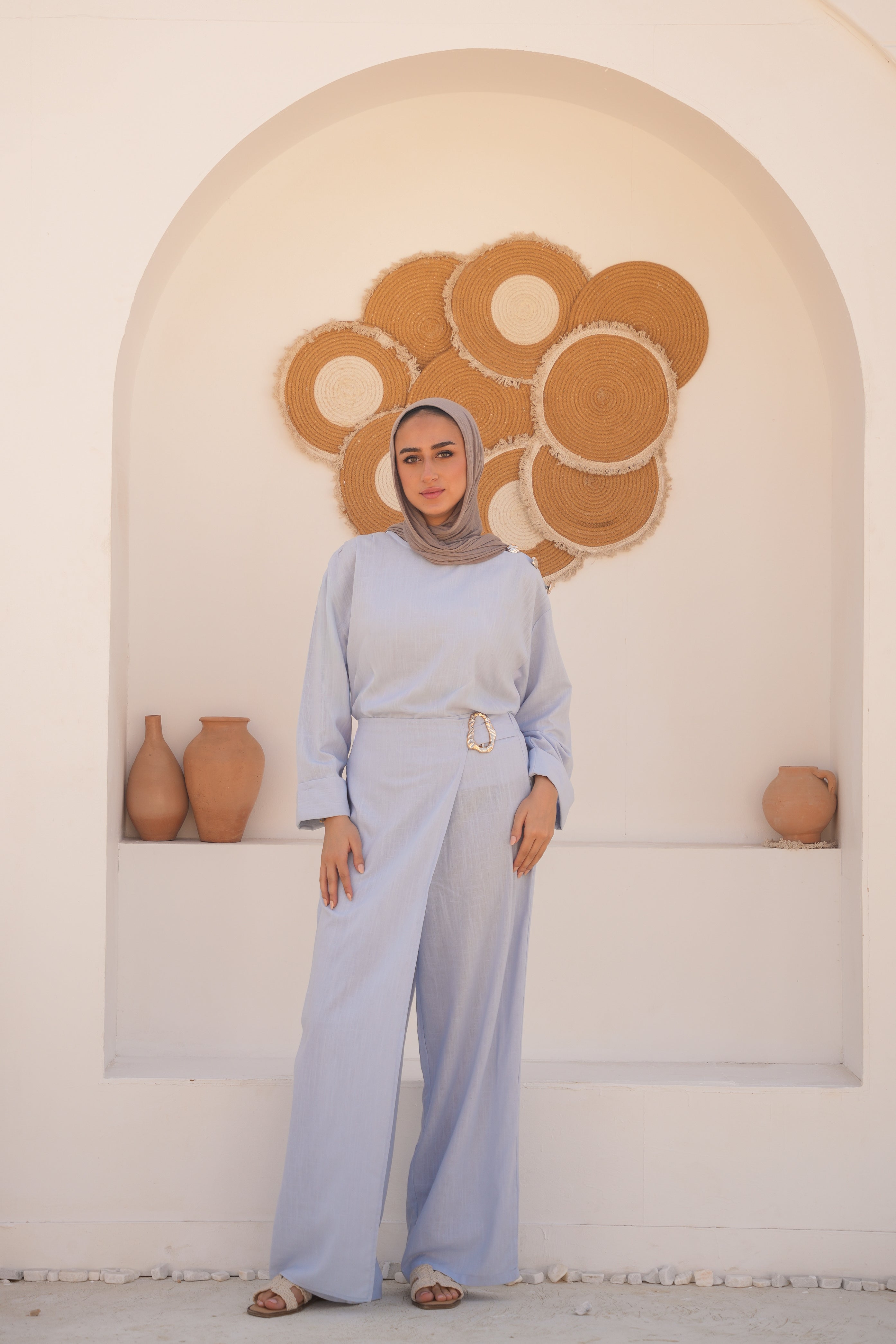 Linen Wide Leg Set-Baby Blue