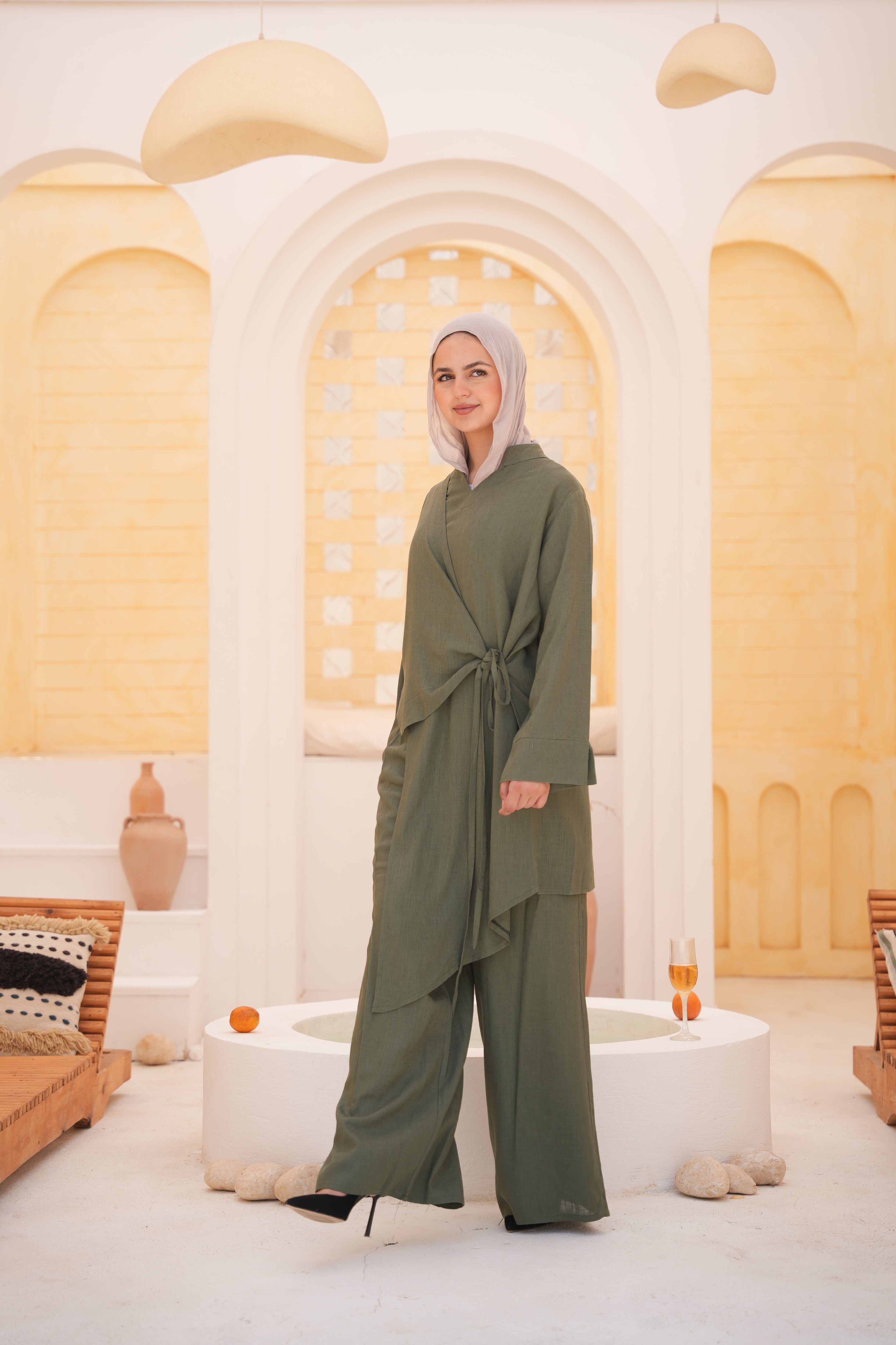 Wrap Tie Linen Set – Olive