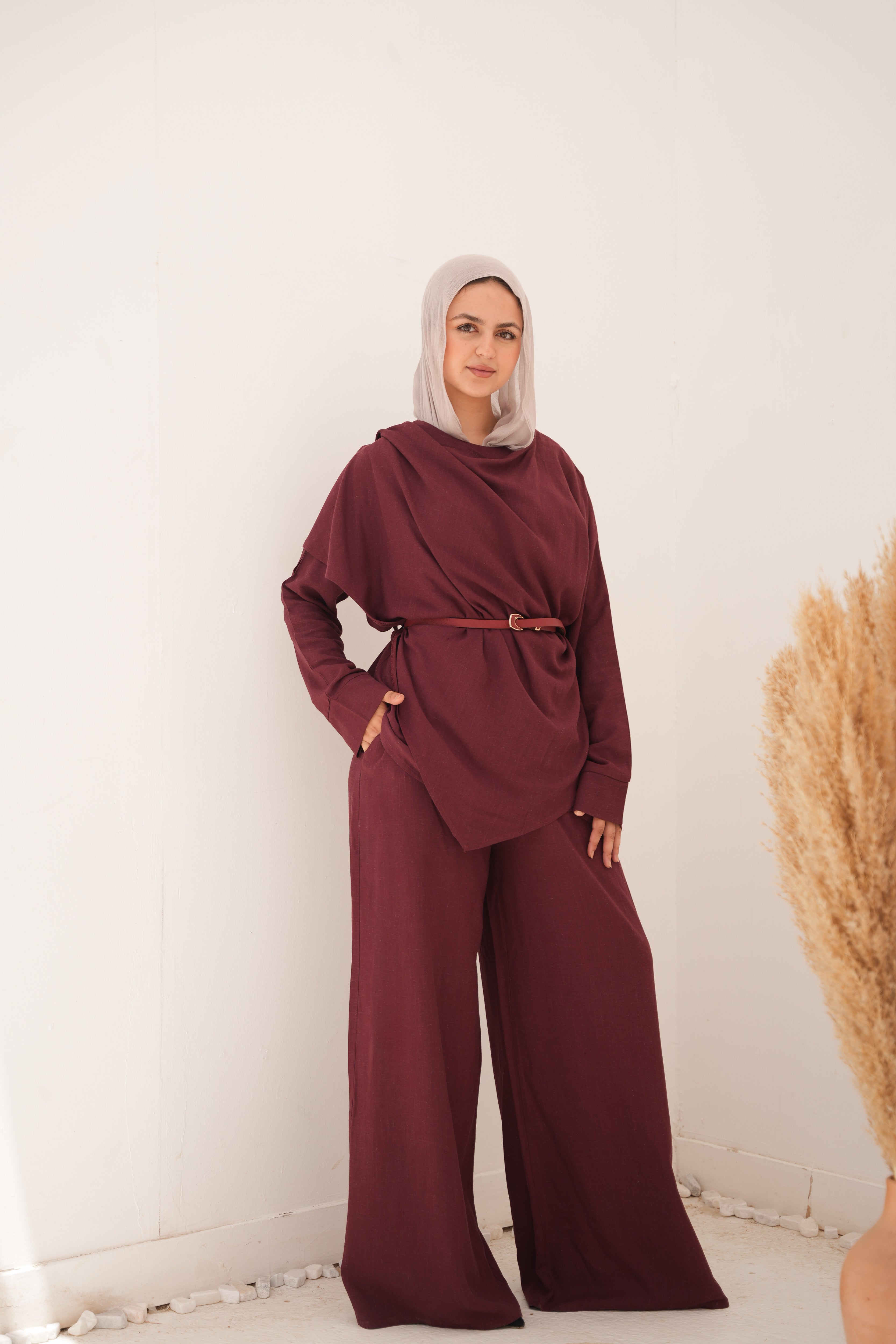 Elegant Draped Belted Set – Burgundy