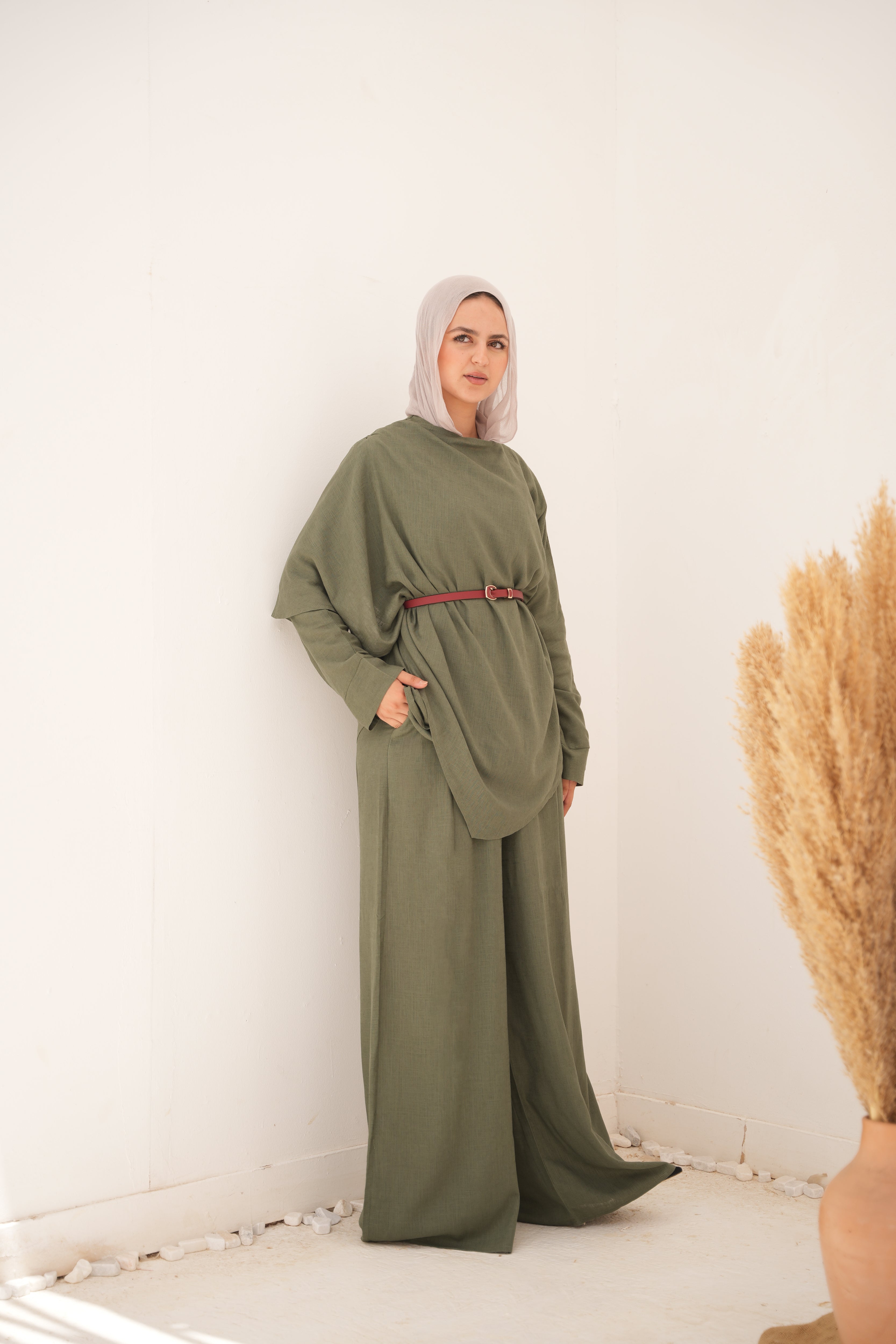 Elegant Draped Belted Set – Olive