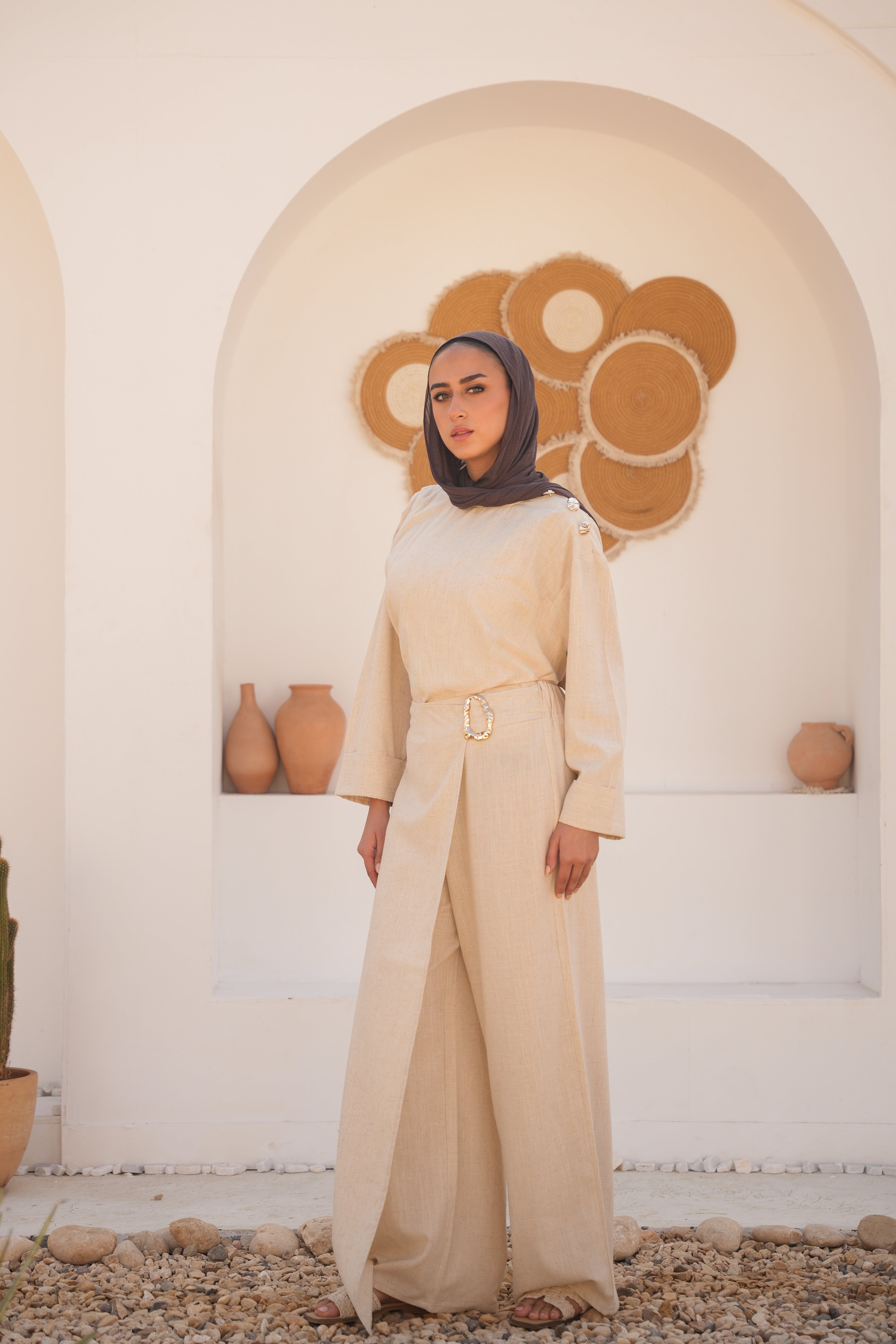 Linen Wide Leg Set-Beige