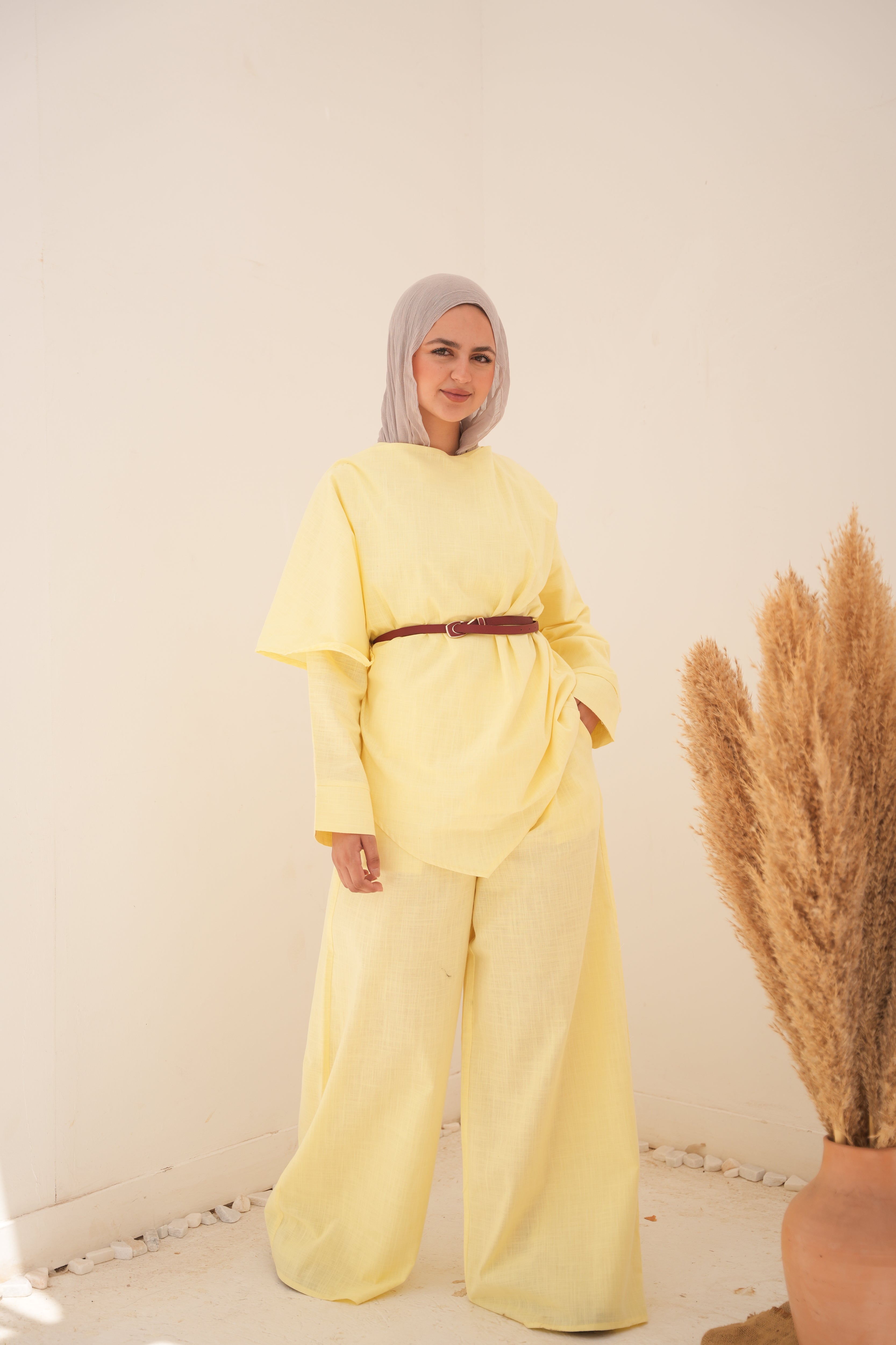 Elegant Draped Belted Set – yellew