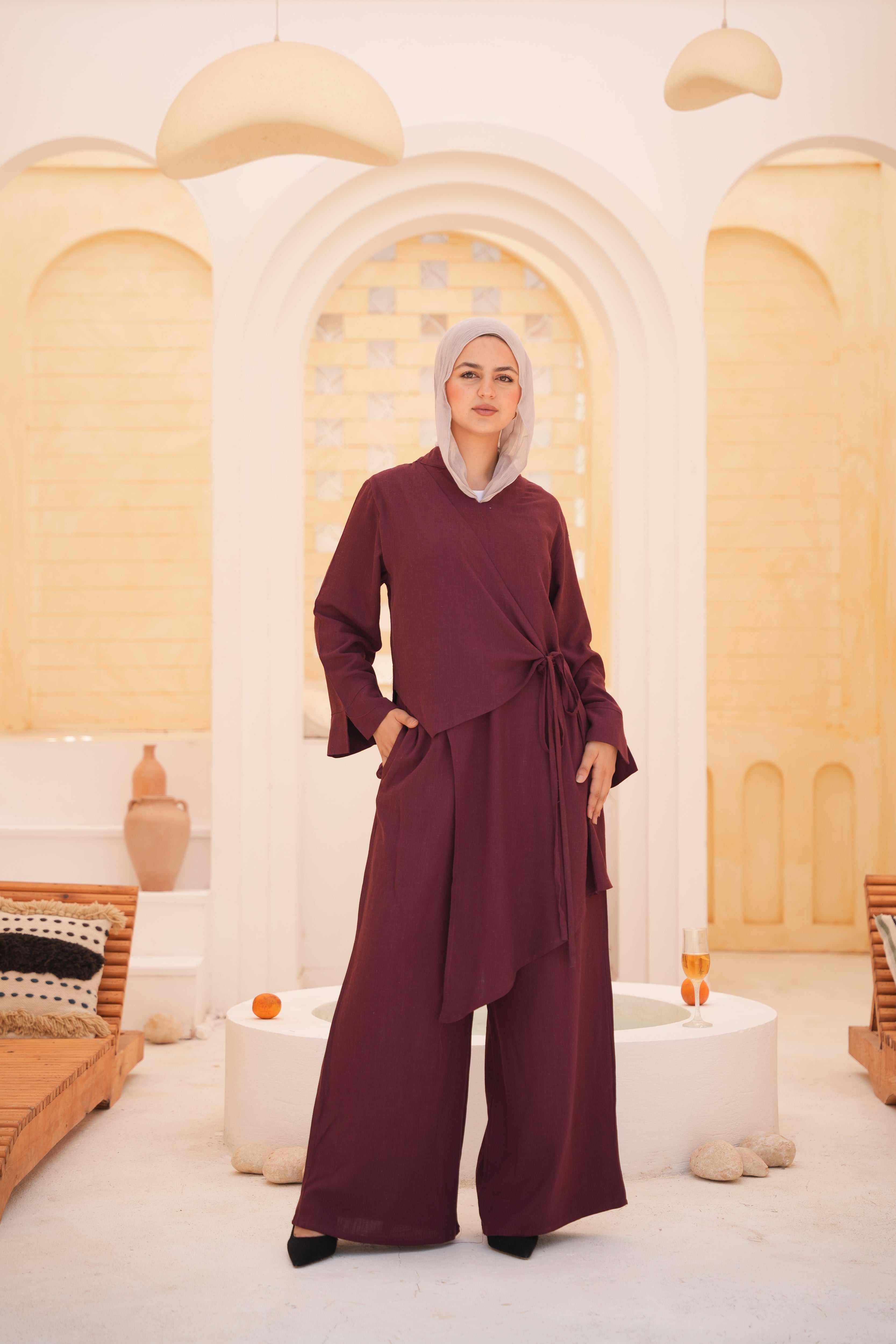 Wrap Tie Linen Set – Bugundy