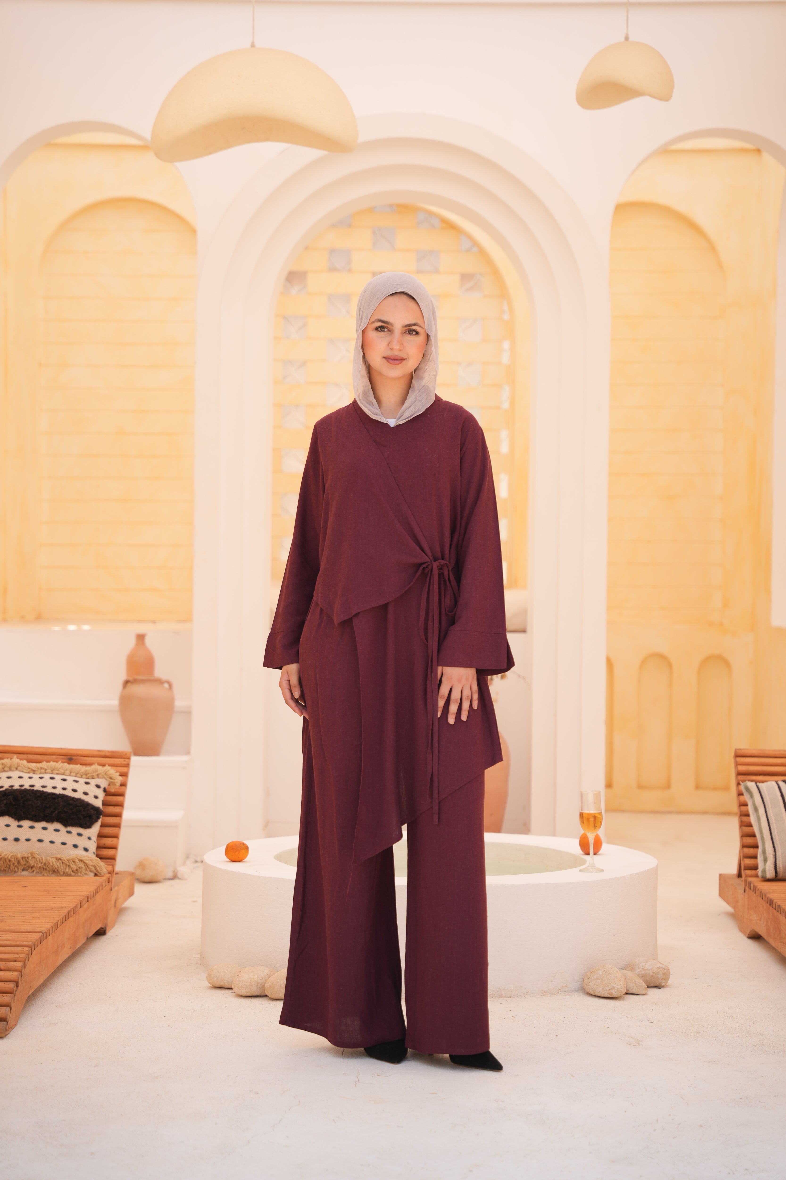 Wrap Tie Linen Set – Bugundy