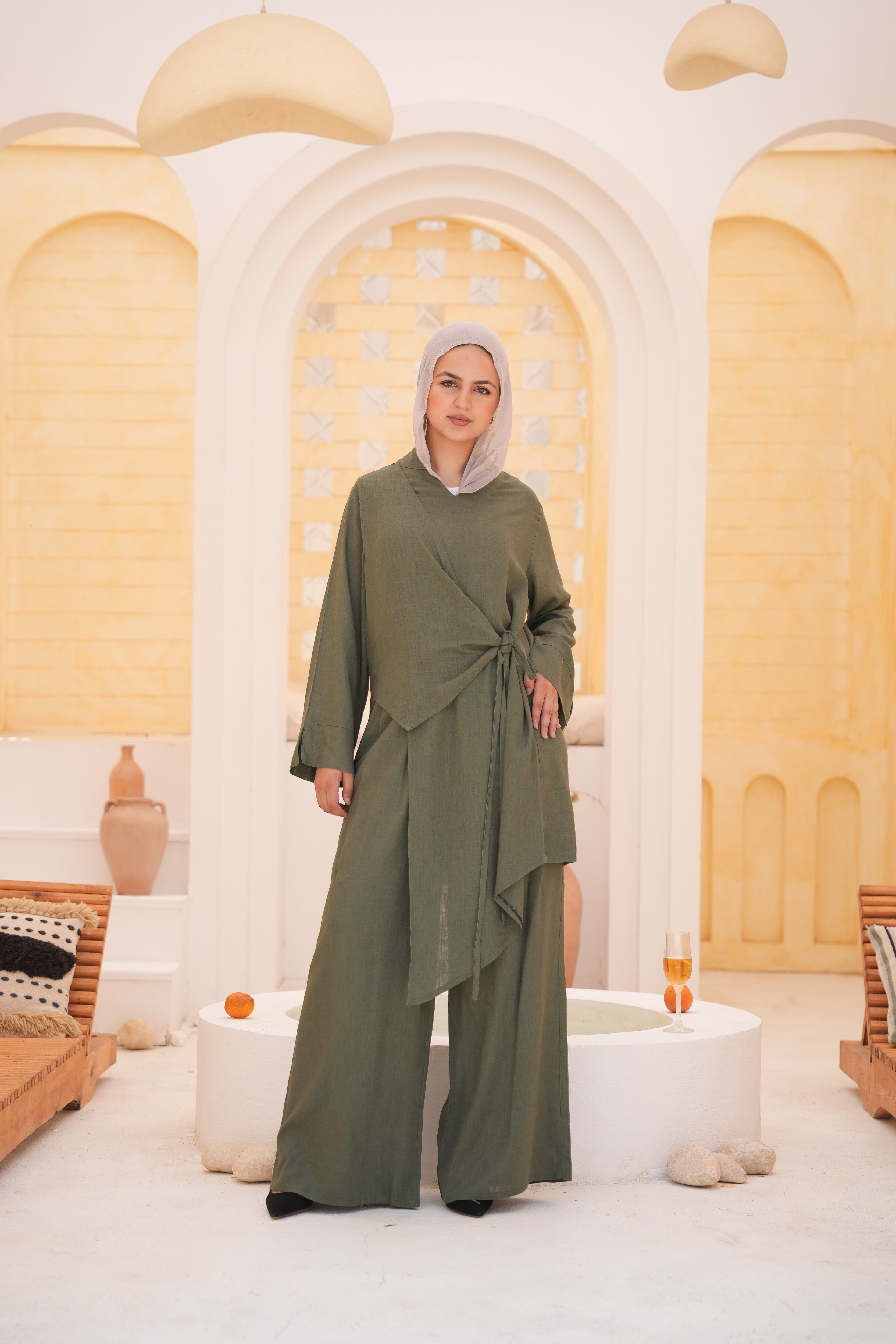Wrap Tie Linen Set – Olive