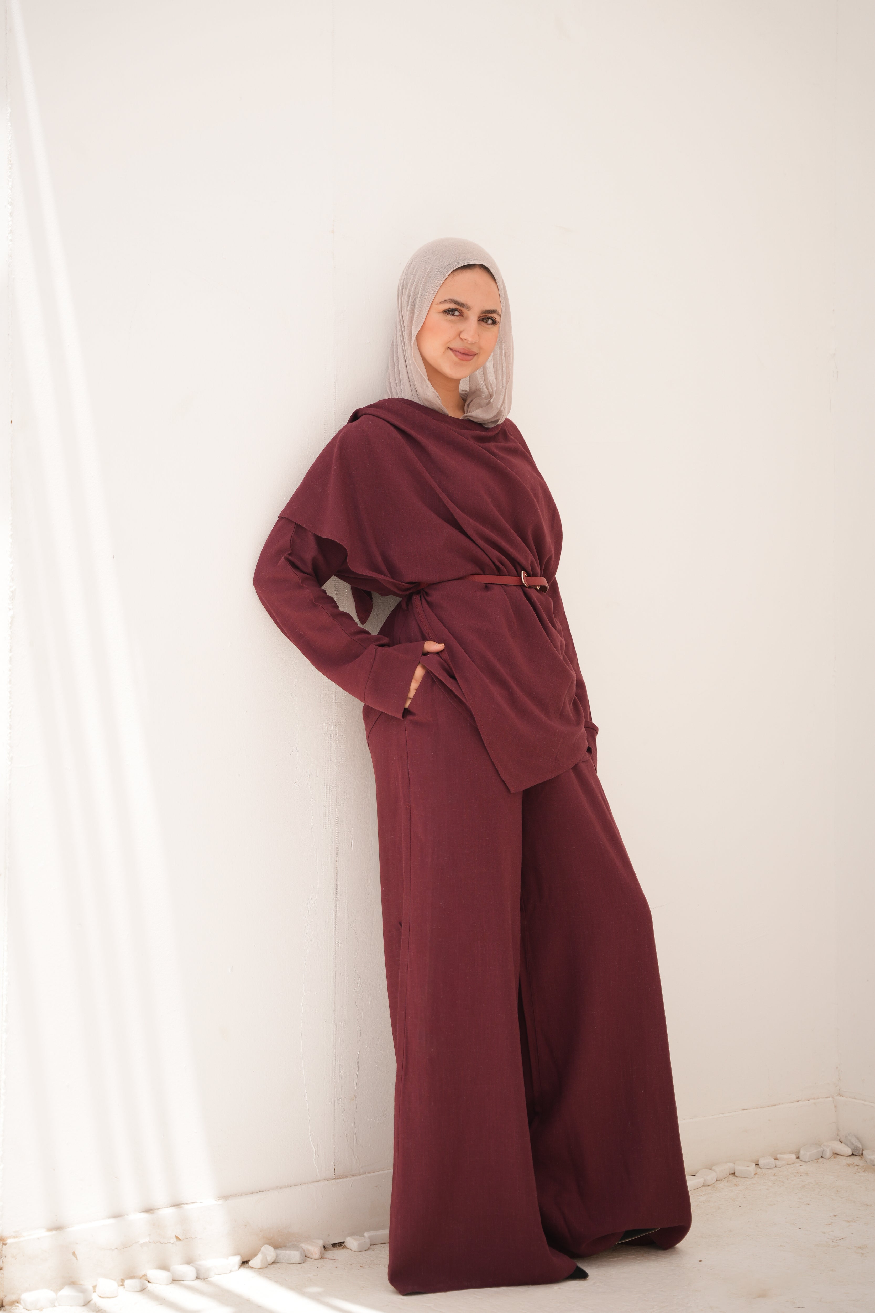 Elegant Draped Belted Set – Burgundy
