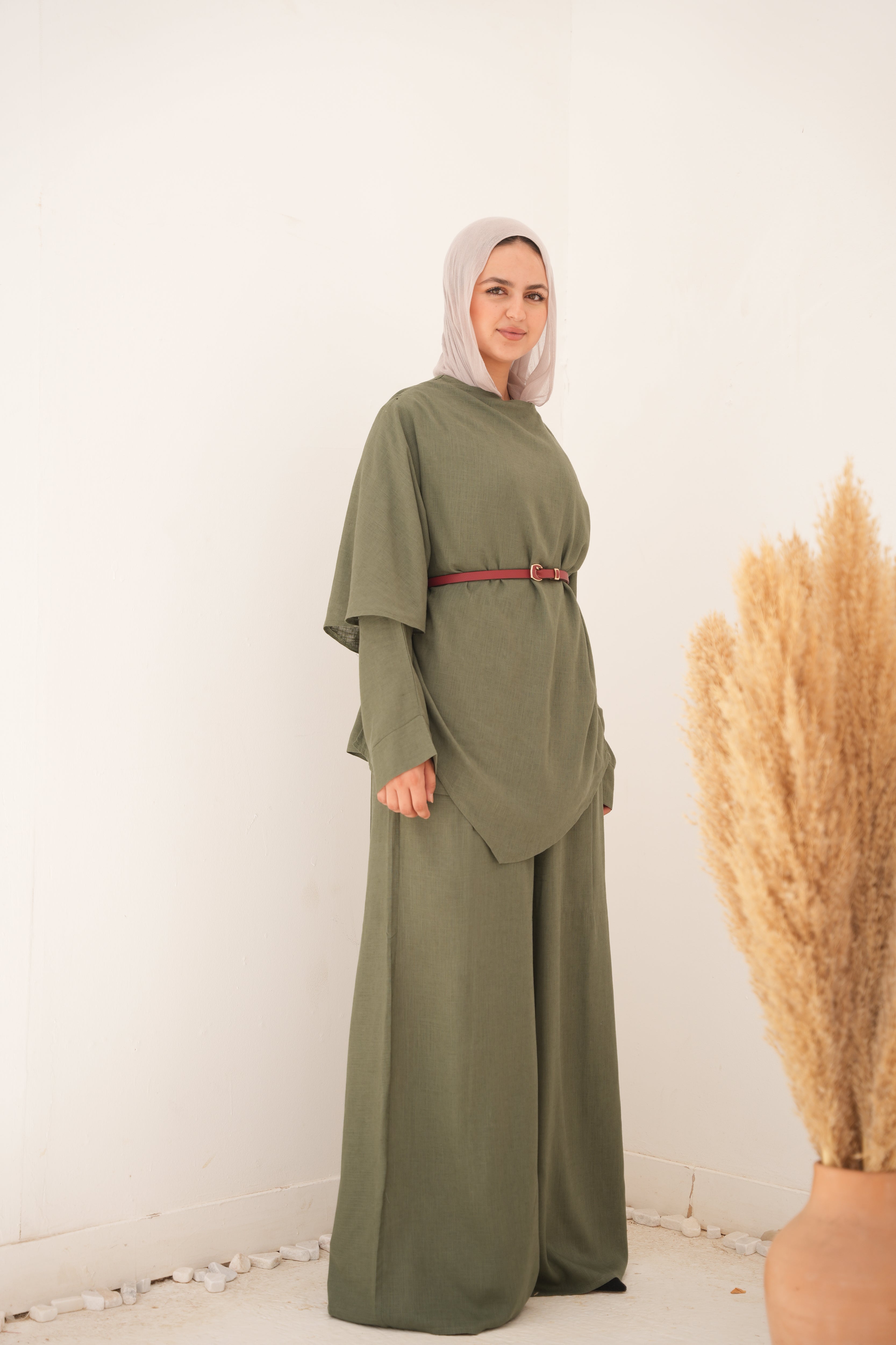 Elegant Draped Belted Set – Olive