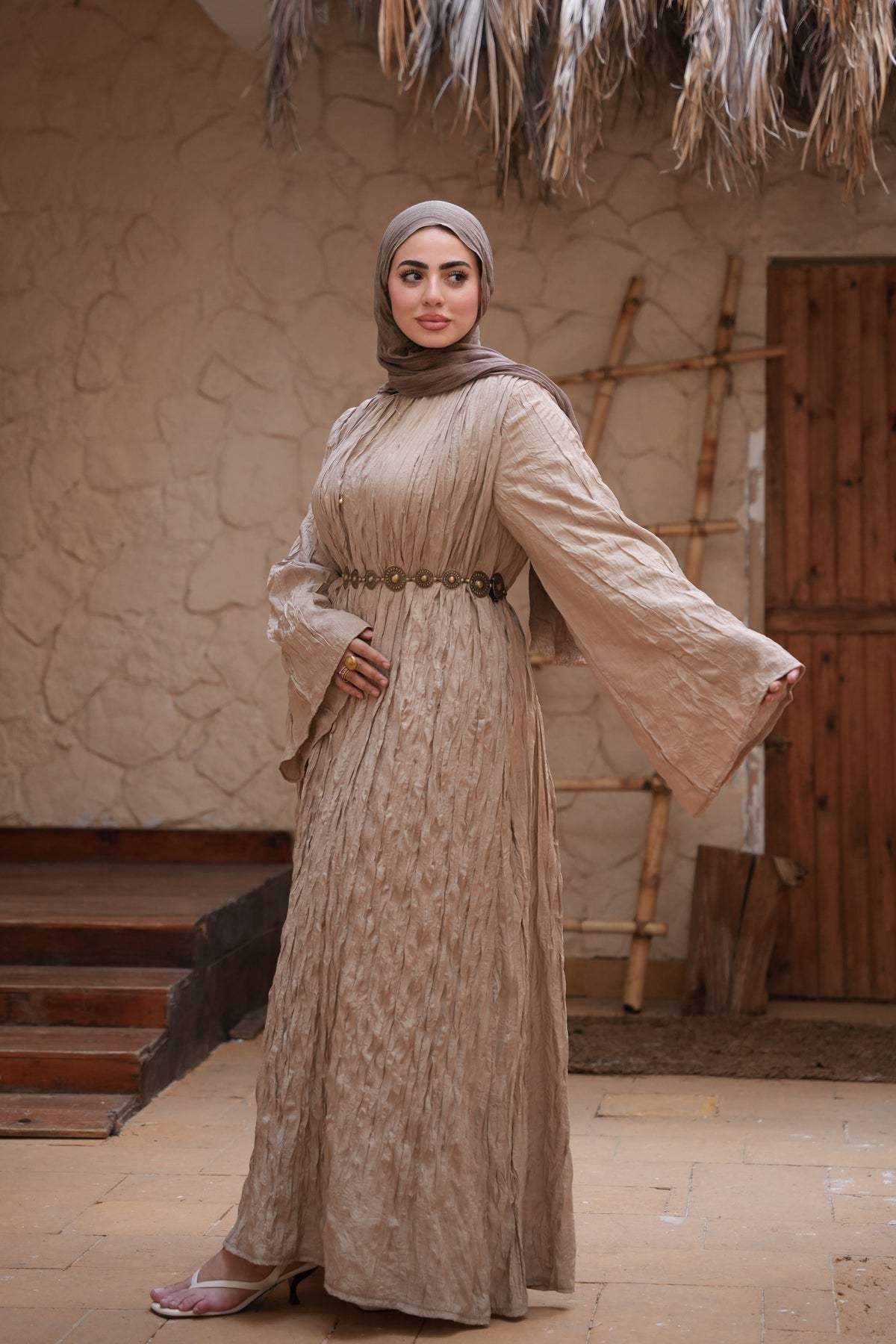 Taupe Beige Crinkled Maxi Dress