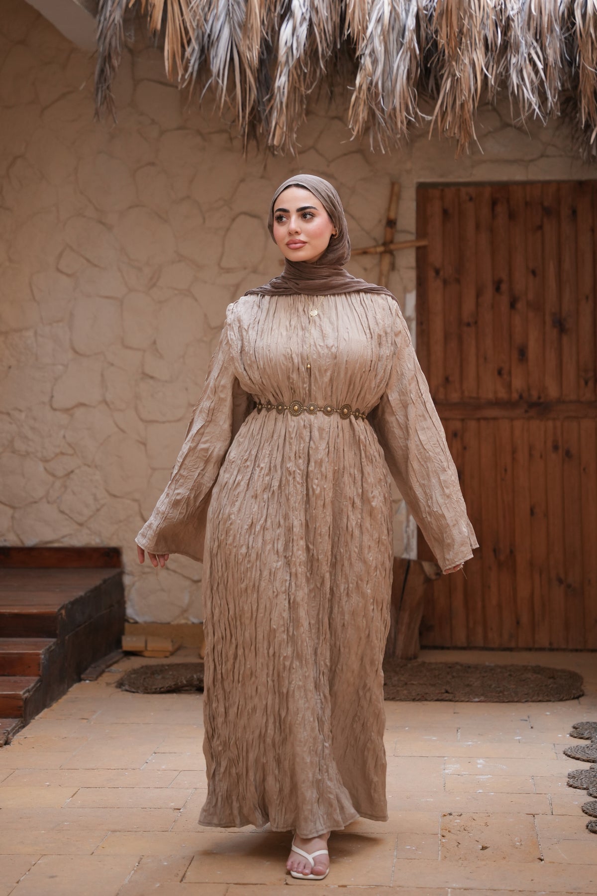 Taupe Beige Crinkled Maxi Dress